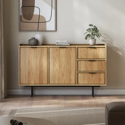 Produktbild von BEAUTYSOFA | Kommode EVRON 150 cm, Sideboard mit 3 Schubladen und 2 Türen, Wohnzimmerschränke Hikory Natur