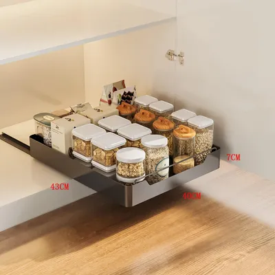 Obrázok produktu pre Výsuvná police do skrine – vložka do zásuvky kuchynskej skrinky – tiché zatváranie – tlmené koľajnice – robustná kovová konštrukcia – šírka 40 cm – čierna