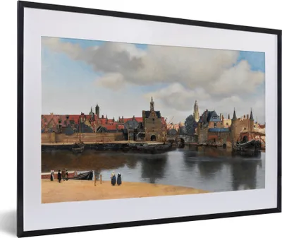 Produktbild von MuchoWow® Gerahmtes Poster Vermeer - Stadt - Alte Meister - Kunst 60x40 cm - Poster mit Schwarzem Bilderrahmen Wandposter Rahmen Foto Bilder - Schlafzimmer - Plakat in Rahmen - Drucken