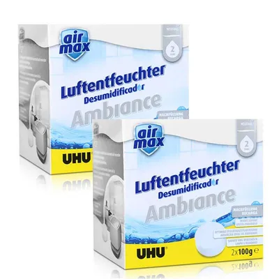 Two boxes of Uhu Air Max Ambiance desiccant products are shown against a white background.