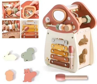 Productafbeelding van Montessori houten speelgoed, baby, 5-in-1 activiteitenkubus, geschikt vanaf 1 jaar, kleur: roze
