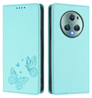 Image de Étui en cuir pour Honor Magic5 Pro, motif papillon, étui portefeuille à rabat avec support, vert menthe