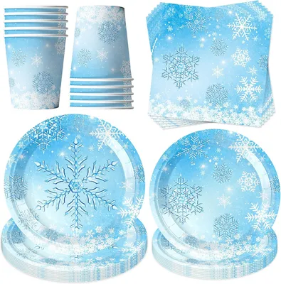 Obrázek produktu pro Sada na oslavu, 50 kusů, motiv sněhových vloček, papírové talíře (23/18 cm), kelímky, ubrousky, vhodná pro narozeninovou oslavu