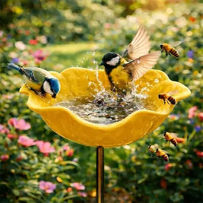 Produktbild von Vogeltränke mit Erdspieß Blume aus Metall Bienen Tränke Vogelfutterschale Dekorativer Garten für Vögel, Bienen & Schmetterlinge Gelb
