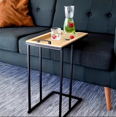 Zdjęcie produktu dla Stolik pomocniczy z odpinwaną półką, stolik kawowy metalowo-drewniany, stolik pomocniczy w kształcie litery C do sofy, czarny stolik pomocniczy w stylu vintage i nowoczesnym do salonu