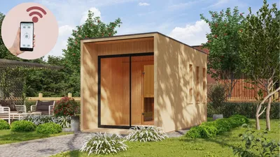 Produktbild von Karibu Saunahaus Außensauna Gartensauna Außensauna MIRAMAR naturbelassen 220 x 429 cm inkl. 9kw Ofen und HUUM WIFI Steuergerät Sparset 38mm Wandstärke