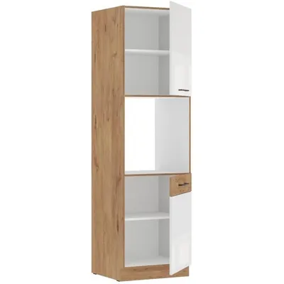 Productafbeelding van Hoge kast, 60 cm breed, 2 deuren, melaminefineer in de kleur "Lancelot eik" en glanzend wit, 210 cm hoog