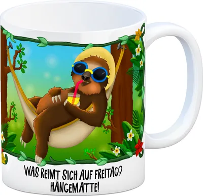 Produktbild von Kaffeebecher mit Faultier Motiv und Spruch: Was reimt sich auf Freitag?