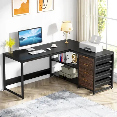 Produktbild von L-förmiger Schreibtisch mit 4 Schubladen und 2 Ablagen, 155x110x75cm, Schwarz