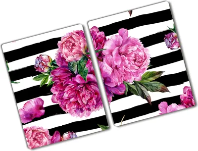 Produktbild von Tulup Glas Herdabdeckplatte - 2x40x52 cm - Glaskeramikkochfeld-Abdeckung Spritzschutz Glasabdeckplatte Kochplattenabdeckung und Schneidebrett - Zweiteilig - Blumen & Pflanzen - Rosa Pfingstrosen - Rosa