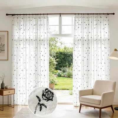 Image de Lot de 2 rideaux en voile blanc transparent à motif de roses brodées, pour salon ou chambre à coucher, L 132 x H 215 cm