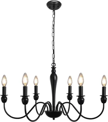 Immagine prodotto di Lampadario nero, 6 luci, stile vintage, lampadario a sospensione nero, ideale per soggiorno, cucina, camera da letto, corridoio, con attacco E14, regolazione dell'altezza, senza lampadine