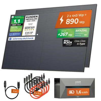 Produktbild von Solarway®️ 890Wp / 800W Balkonkraftwerk mit 1,6 kWh Speicher komplett Steckdose - 1,6 kWh Anker SOLIX 2 PRO Speicher