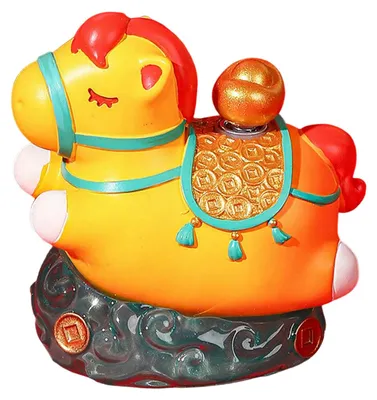Produktbild von Chinesische Cartoon-Pferdefigur, handbemalt, aus Kunstharz, bringt Glück und Reichtum. Feng-Shui-Dekoration für Zuhause, Büro oder Schreibtisch.