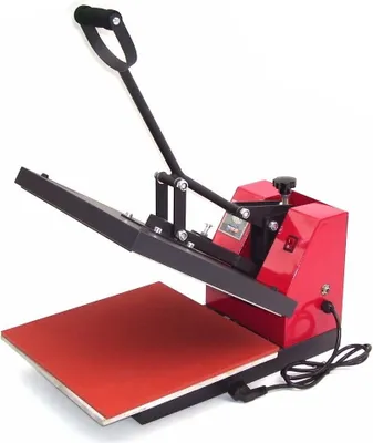 A red and black heat press machine is shown against a white background.