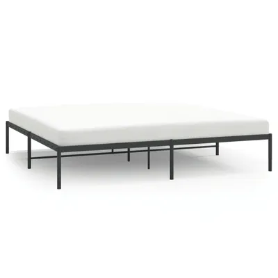A black metal bed frame with a white mattress on a white background.