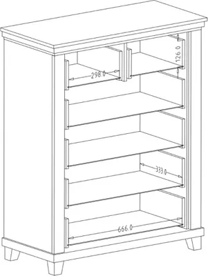 A line drawing of a chest of drawers with dimensions indicated.