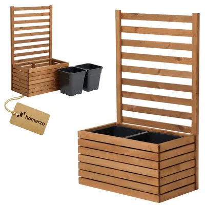Produktbild von Pflanzkübel mit Rankgitter Spalier mit Pflanzkasten Blumenkasten aus Holz Hochbeet mit 2x18L Pflanzeneinsatz (horizontal-braun, 67x36x35 H112)