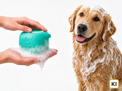 Produktbild von KANDONEX Hunde Badebürste mit Shampoo-Spender – 2-in-1 Hundewaschbürste & Massagebürste, Silikon Fellbürste für Hunde & Katzen zur Tiefenreinigung, KI-generiertes Bild