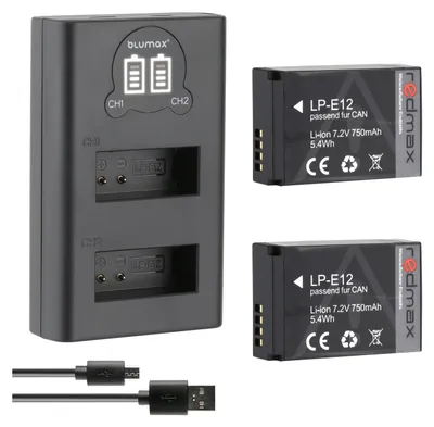 Produktbild von 2x Akku + LCD Lader für Canon LP-E12 750 mAh