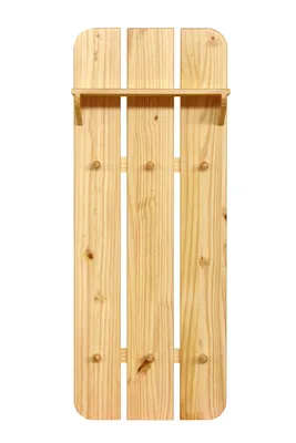 A wooden coat rack with a shelf and hooks, displayed against a white background.