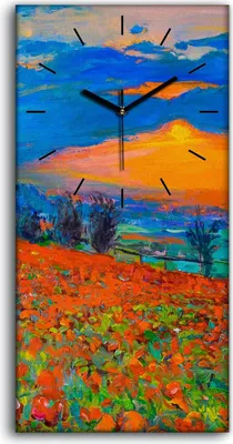 Produktbild von Wanduhr Bürouhr Leinwand Bild 30x60 bunte Mohnblumen und Sonnenuntergang - schwarze Hände