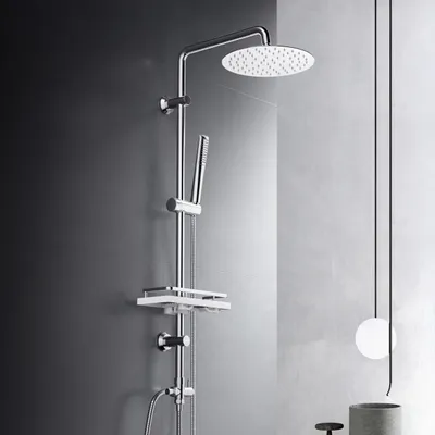 Image de Système de douche à effet pluie JOHO avec tablette, ensemble de douche sans robinetterie, avec barre de douche en acier inoxydable, pomme de douche de 20 cm, chromée