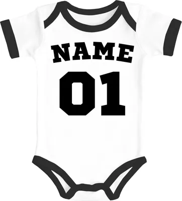 Produktbild von Babybody erster Geburtstag Trikot Wunschname und Zahl 1 personalisiertes Geschenk kurzarm Body Baumwolle Moonworks® 1 weiß-schwarz 0-3 Monate