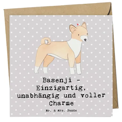 Produktbild von Mr. & Mrs. Panda Grußkarte Basenji Charme - Grau Pastell - Geschenk, Glückwunschkarte, Hunderassen Beschreibung, Eigenschaften, faltkarte, Klappkarte, doppelkarte, treu
