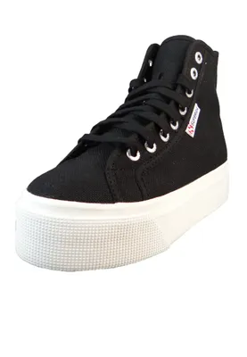 A studio shot of a single black high-top sneaker with a white platform sole.