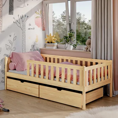 Produktbild von Kinderbett mit zwei Schubladen, Rausfallschutz und Lattenrost, Kinder Bett | Sicher & stabil | weitere Größen 80x180, 90x190, 90x200 cm | 80x160 cm: von 3. bis 10. Lebensjahr, Natur