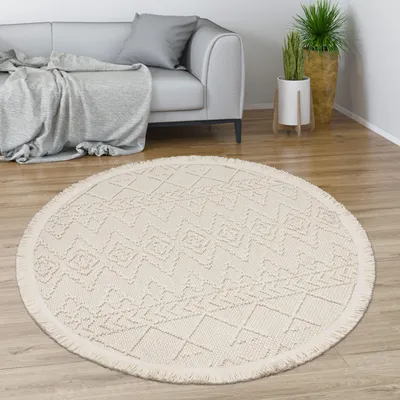Produktbild von Teppich Wohnzimmer Esszimmer Boho Rauten Muster Geometrisch Mit Fransen Modern Grösse 120 cm Rund