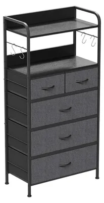 Image de Commode - 5 tiroirs en tissu - Structure métallique - 60 x 30 x 120 cm - Pour chambre à coucher/salon/couloir - Gris