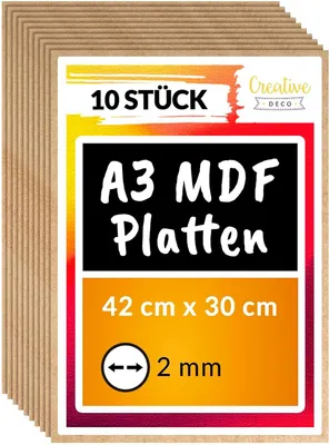 Produktbild von Creative Deco 10 x A3 MDF Platten | 420 x 300 x 2 mm | Dünne Holz-Platten | Perfekt für Laser, CNC Router, Modellierung, Laubsäge