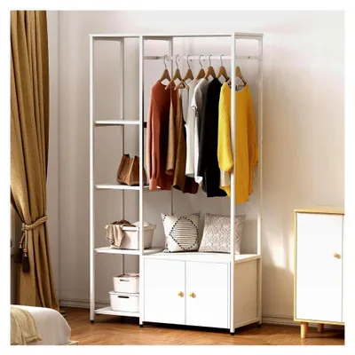 Produktbild von Kleiderständer mit Kleiderstange, 4 Ablagen und Schrank, offener Kleiderschrank für Schlafzimmer, Flur, Wohnzimmer, weiß 100 x 40 x 180 cm