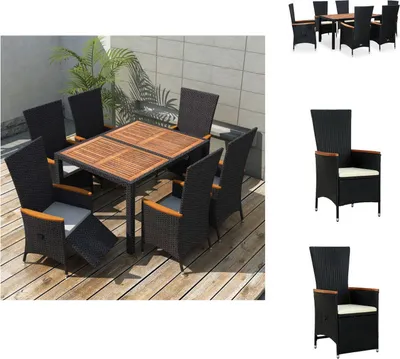 Produktbild von vidaXL 7-tlg. Garten-Essgruppe Poly Rattan Akazienholz Schwarz -  Gartenmöbel-Sets