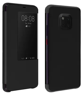 A black flip cover case for a Huawei Mate 20 Pro is shown from two angles, front and back.