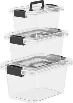 Produktbild von Famanu Aufbewahrungsboxen mit Deckeln und Griff - Stapelbare Kunststoffbehälter für Zuhause, Büro und Schlafzimmer - 3er Set 6L 10L 18L