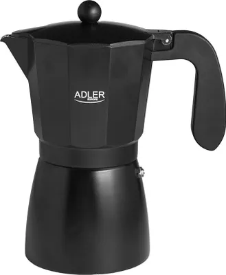 A black moka pot is shown against a white background.