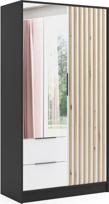 Produktbild von ALTDECOR Kleiderschrank NERA mit Spiegel und selbstschließenden Flügeltüren mit Lamel - 100 cm Schwarz / Weiß / Artisan