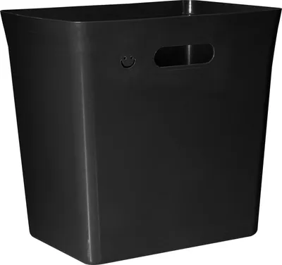 A black plastic trash can with handles and a smiley face embossed on the front.