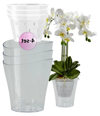 Produktbild von Transparente Orchideentöpfe 4er-Set 2L Ø16 cm mit 4 Orchideen Übertöpfen Drainageloch Kunststoff Transparent 1L Ø14 cm für den Innenbereich