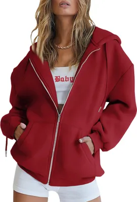 Produktbild von ASKSA Damen Kapuzenjacke Vintage Oversize Sweatjacke Reißverschluss Hoodie Sweatshirt, Rot, M