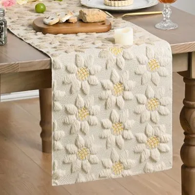 Produktbild von Artoid Mode Weich Plüsch Samt Faux Pelz Beige Sonnenblumen Frühling Tischläufer, Sommer Küche Tisch Urlaub Party Nachbildung 33x153 cm