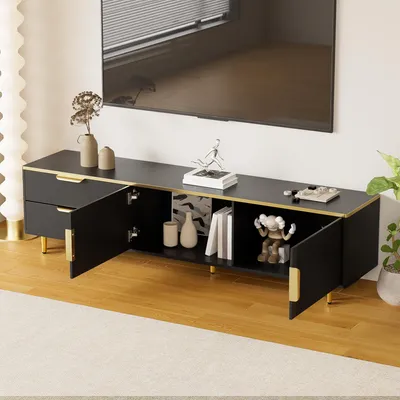 Image de MODFU Meuble TV Noir avec 2 Portes et 2 Tiroirs, Meuble Bas Contemporain avec Poignées Dorées - Structure en Panneaux de Particules - 175x40x45 cm