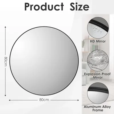 Image de Miroir mural rond - Miroir de salle de bain LED - 80 cm - Grossissant - Cadre en alliage de zinc - Design moderne - Noir