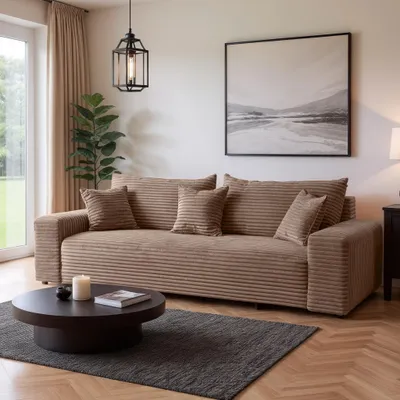 Produktbild von Cord Schlafsofa 3-Sitzer 265 x 105 cm Braun mit Schlaffunktion und Bettkasten – Cordo