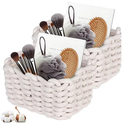Produktbild von Aufbewahrungskorb, gewebtes Baumwollseil, 18x14x13cm, kleiner geflochtener Korb, Organizer für den Wickeltisch im Badezimmer, Aufbewahrungskorb für Kinderzimmer, Wohnzimmer, Badezimmer (2)