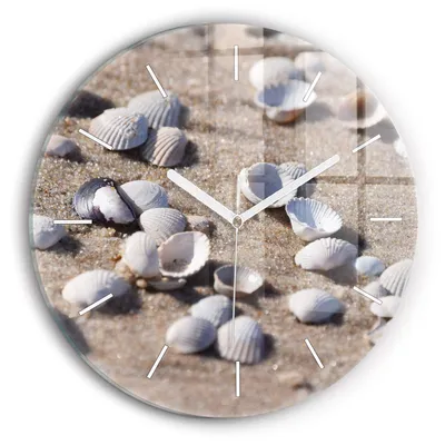 Produktbild von Wallfluent Wanduhr – Stilles Quarzuhrwerk - Uhr Dekoration Wohnzimmer Schlafzimmer Küche - Zifferblatt mit Striche - weiße Zeiger - 30 cm - Muscheln am Strand