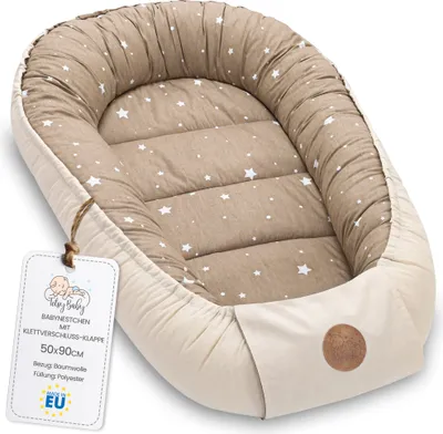 Produktbild von Baby Nestchen Neugeborene Kokon Nest tragbar 90x50 cm Beige mit Weiß Sternen